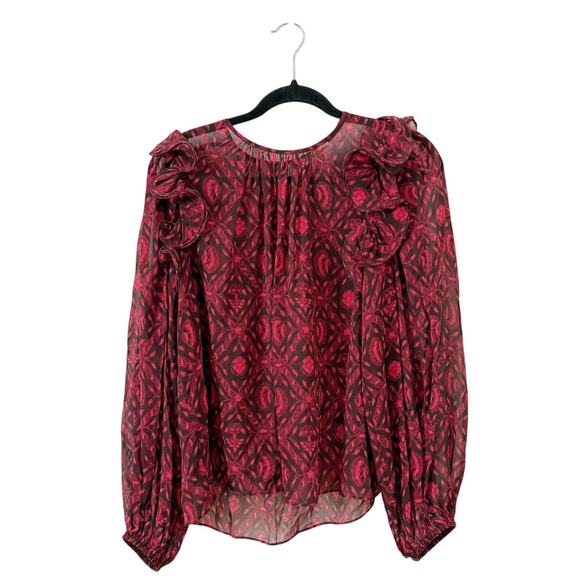Ulla Johnson Medine Red Patterned Ruffle Silk Blouse US 6 - Picture 4 of 8